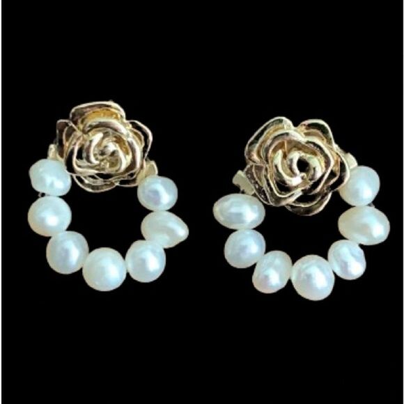 Elegant White Round Shell Pearl Stud Earrings in 14K Gold Over Sterling Flower - Picture 1 of 11
